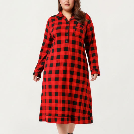Anna-Kaci Lounge Women' s Plaid Long Sleeve Midi Sleep Shirt with Soft Brushed Texture, Button-Front Detail and Relaxed Loose-Fit Silhouette