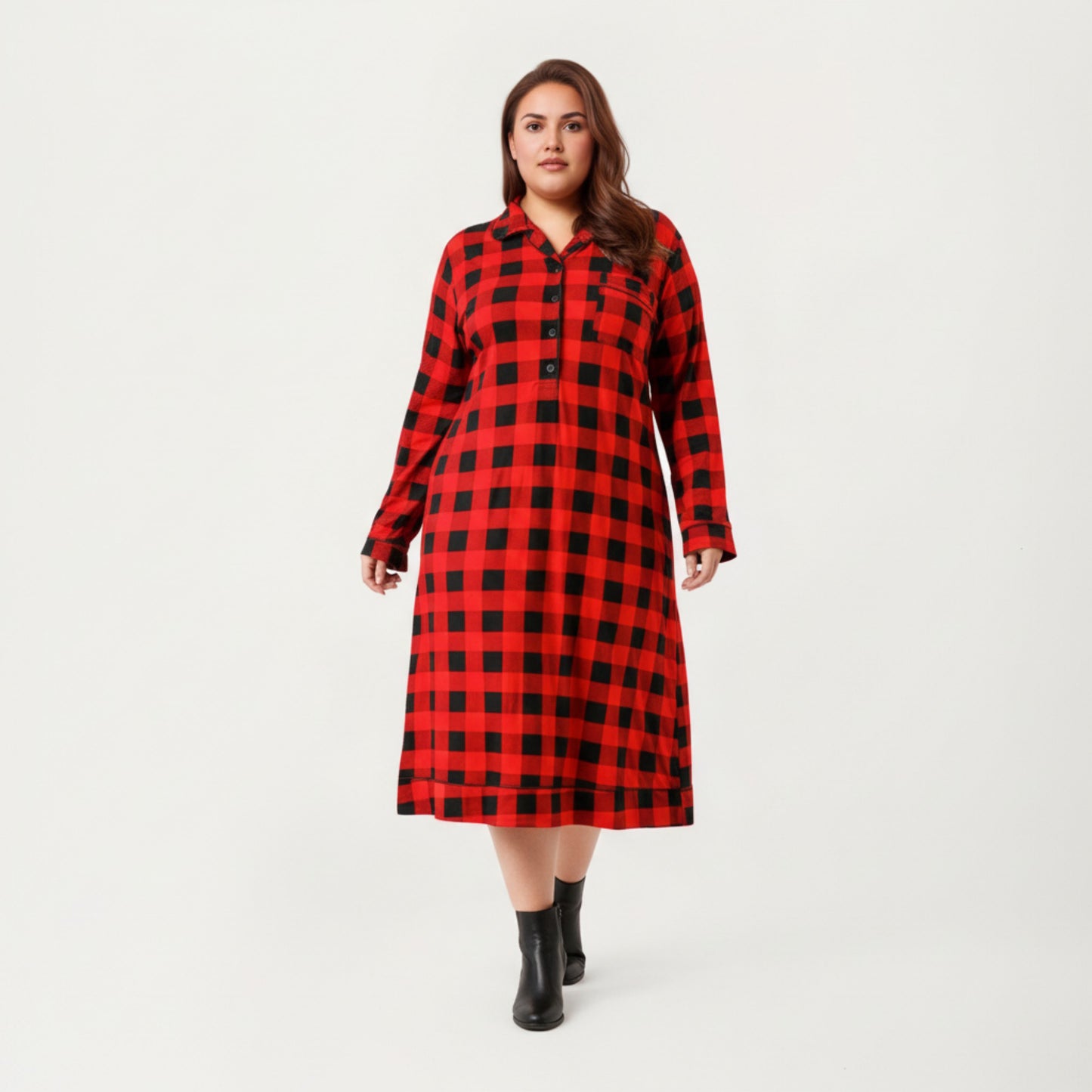 Anna-Kaci Lounge Women' s Plaid Long Sleeve Midi Sleep Shirt with Soft Brushed Texture, Button-Front Detail and Relaxed Loose-Fit Silhouette