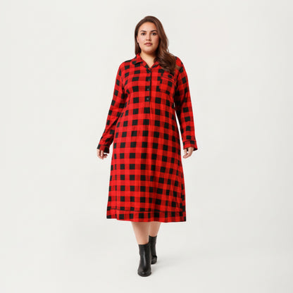Anna-Kaci Lounge Women' s Plaid Long Sleeve Midi Sleep Shirt with Soft Brushed Texture, Button-Front Detail and Relaxed Loose-Fit Silhouette