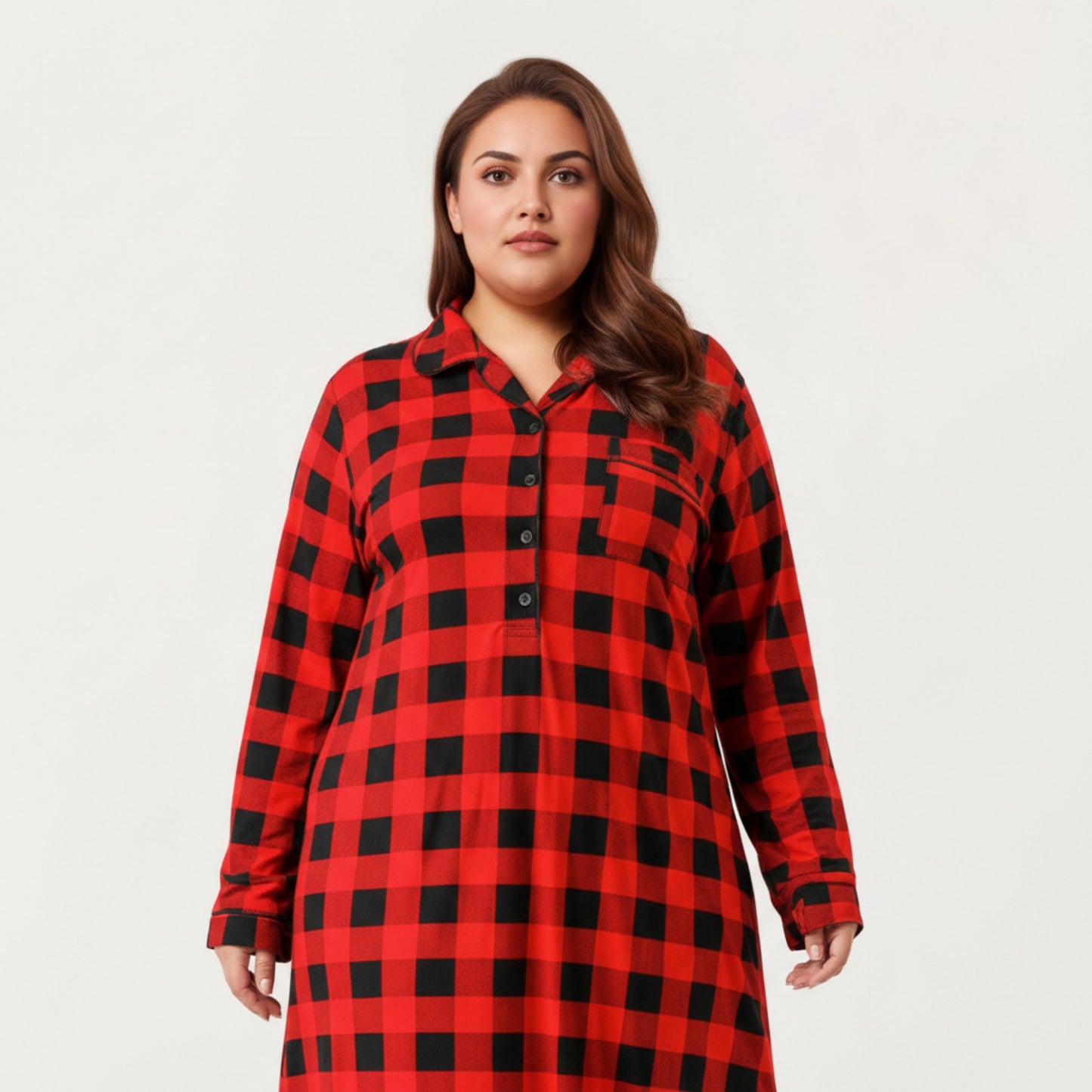Anna-Kaci Lounge Women' s Plaid Long Sleeve Midi Sleep Shirt with Soft Brushed Texture, Button-Front Detail and Relaxed Loose-Fit Silhouette