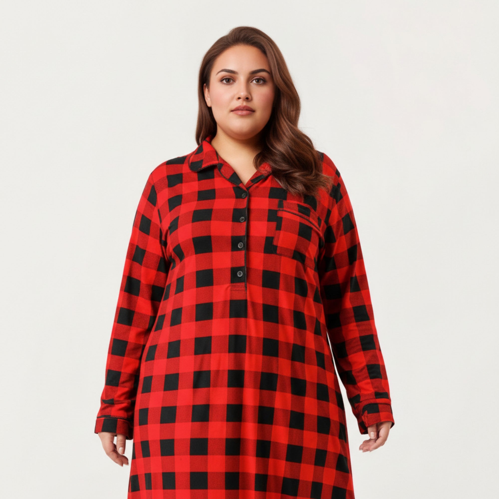 Anna-Kaci Lounge Women' s Plaid Long Sleeve Midi Sleep Shirt with Soft Brushed Texture, Button-Front Detail and Relaxed Loose-Fit Silhouette