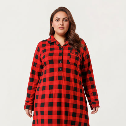 Anna-Kaci Lounge Women' s Plaid Long Sleeve Midi Sleep Shirt with Soft Brushed Texture, Button-Front Detail and Relaxed Loose-Fit Silhouette