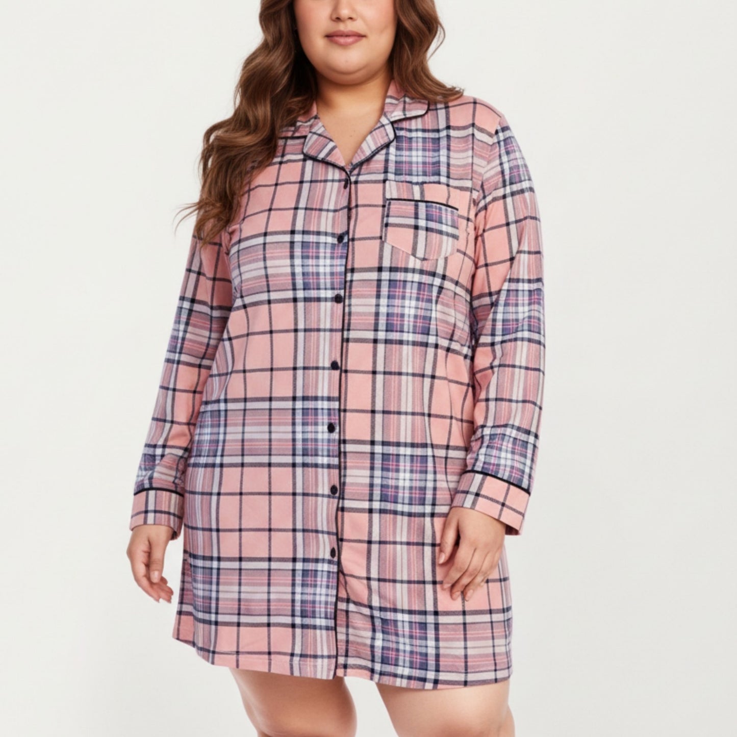 Anna-Kaci Lounge Women' s Plaid Long Sleeve Sleep Shirt with Soft Brushed Fabric, Classic Button-Front Design and Above-Knee Silhouette
