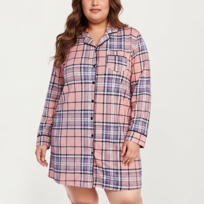 Anna-Kaci Lounge Women' s Plaid Long Sleeve Sleep Shirt with Soft Brushed Fabric, Classic Button-Front Design and Above-Knee Silhouette
