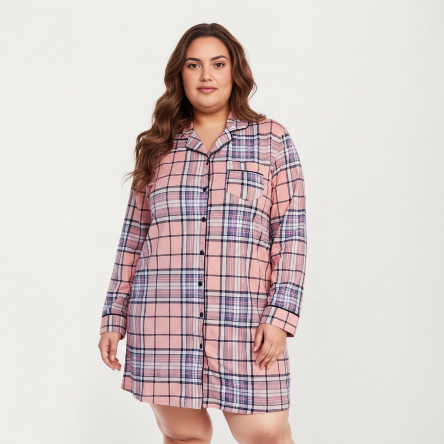 Anna-Kaci Lounge Women' s Plaid Long Sleeve Sleep Shirt with Soft Brushed Fabric, Classic Button-Front Design and Above-Knee Silhouette