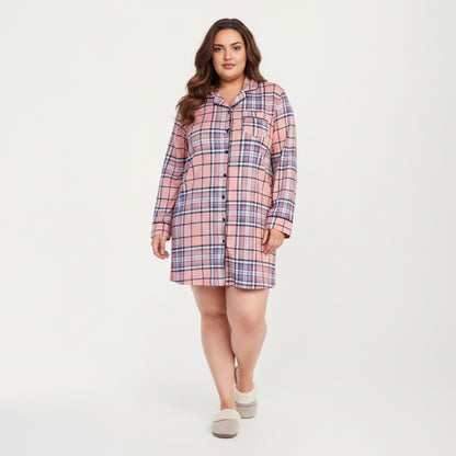 Anna-Kaci Lounge Women' s Plaid Long Sleeve Sleep Shirt with Soft Brushed Fabric, Classic Button-Front Design and Above-Knee Silhouette