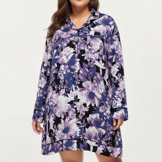 Anna-Kaci Lounge Women' s Floral Print Long Sleeve Sleep Shirt with Soft Fabric, Notched Collar Detail and Relaxed Above-Knee Silhouette