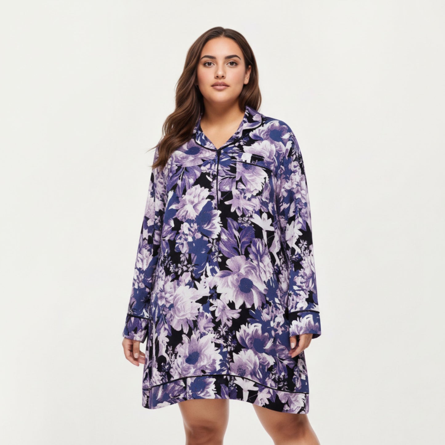 Anna-Kaci Lounge Women' s Floral Print Long Sleeve Sleep Shirt with Soft Fabric, Notched Collar Detail and Relaxed Above-Knee Silhouette