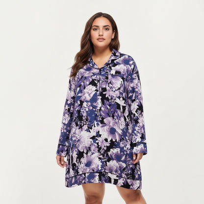 Anna-Kaci Lounge Women' s Floral Print Long Sleeve Sleep Shirt with Soft Fabric, Notched Collar Detail and Relaxed Above-Knee Silhouette