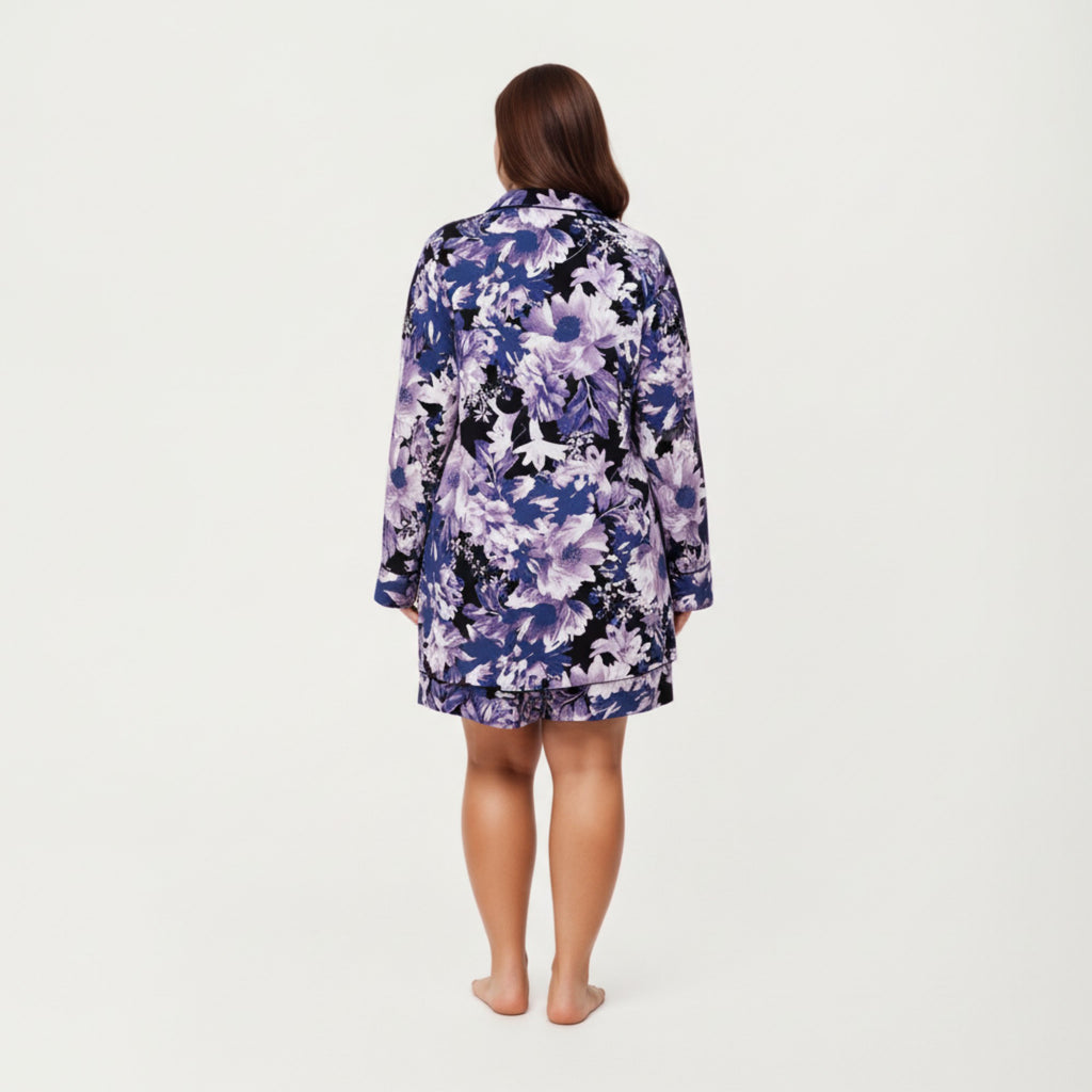 Anna-Kaci Lounge Women' s Floral Print Long Sleeve Sleep Shirt with Soft Fabric, Notched Collar Detail and Relaxed Above-Knee Silhouette