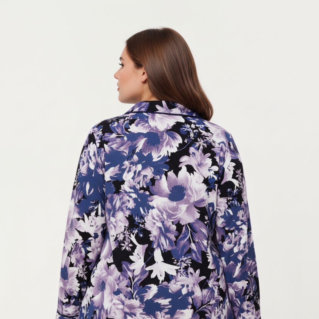 Anna-Kaci Lounge Women' s Floral Print Long Sleeve Sleep Shirt with Soft Fabric, Notched Collar Detail and Relaxed Above-Knee Silhouette