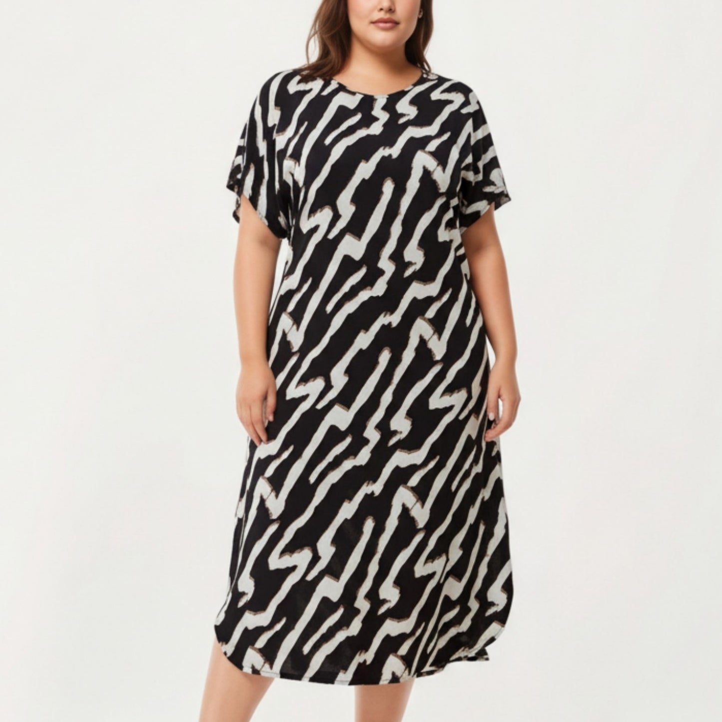 Anna-Kaci Lounge Women' s Abstract Print Midi Dress with Soft Draped Silhouette, Relaxed Short Sleeves and Lightweight Fabric Finish