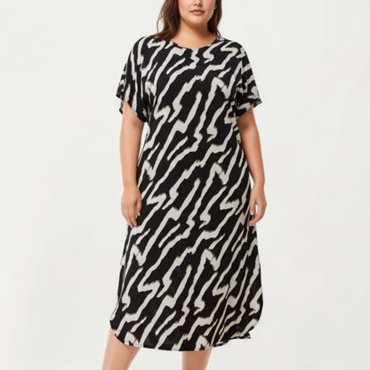 Anna-Kaci Lounge Women' s Abstract Print Midi Dress with Soft Draped Silhouette, Relaxed Short Sleeves and Lightweight Fabric Finish