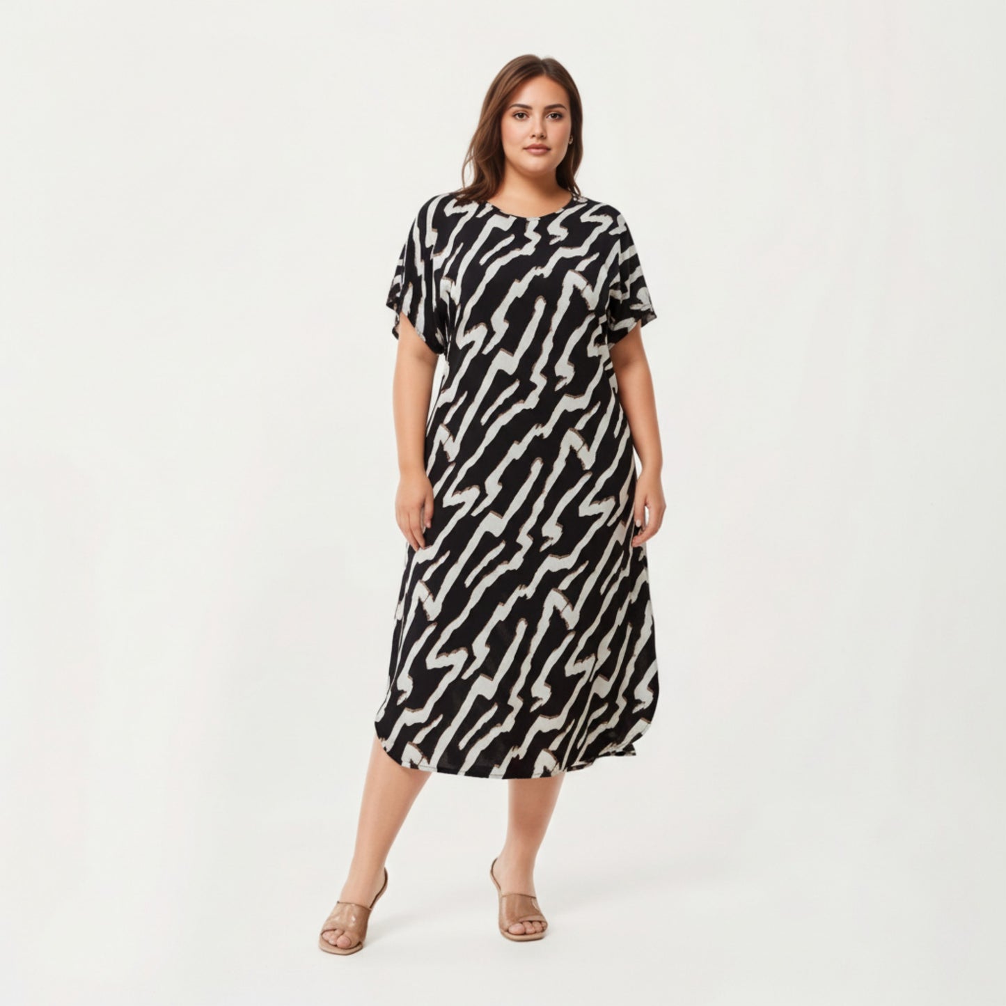 Anna-Kaci Lounge Women' s Abstract Print Midi Dress with Soft Draped Silhouette, Relaxed Short Sleeves and Lightweight Fabric Finish