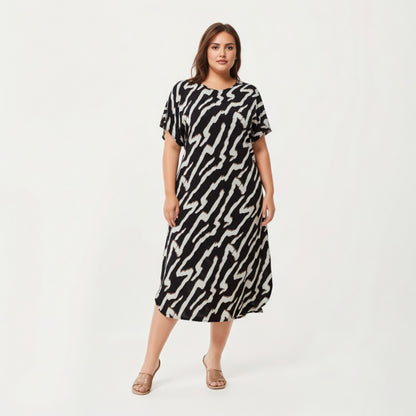 Anna-Kaci Lounge Women' s Abstract Print Midi Dress with Soft Draped Silhouette, Relaxed Short Sleeves and Lightweight Fabric Finish