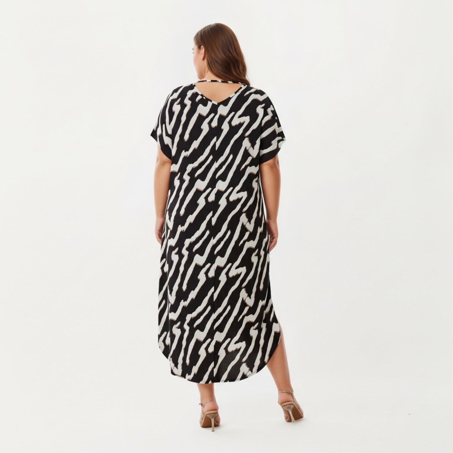 Anna-Kaci Lounge Women' s Abstract Print Midi Dress with Soft Draped Silhouette, Relaxed Short Sleeves and Lightweight Fabric Finish