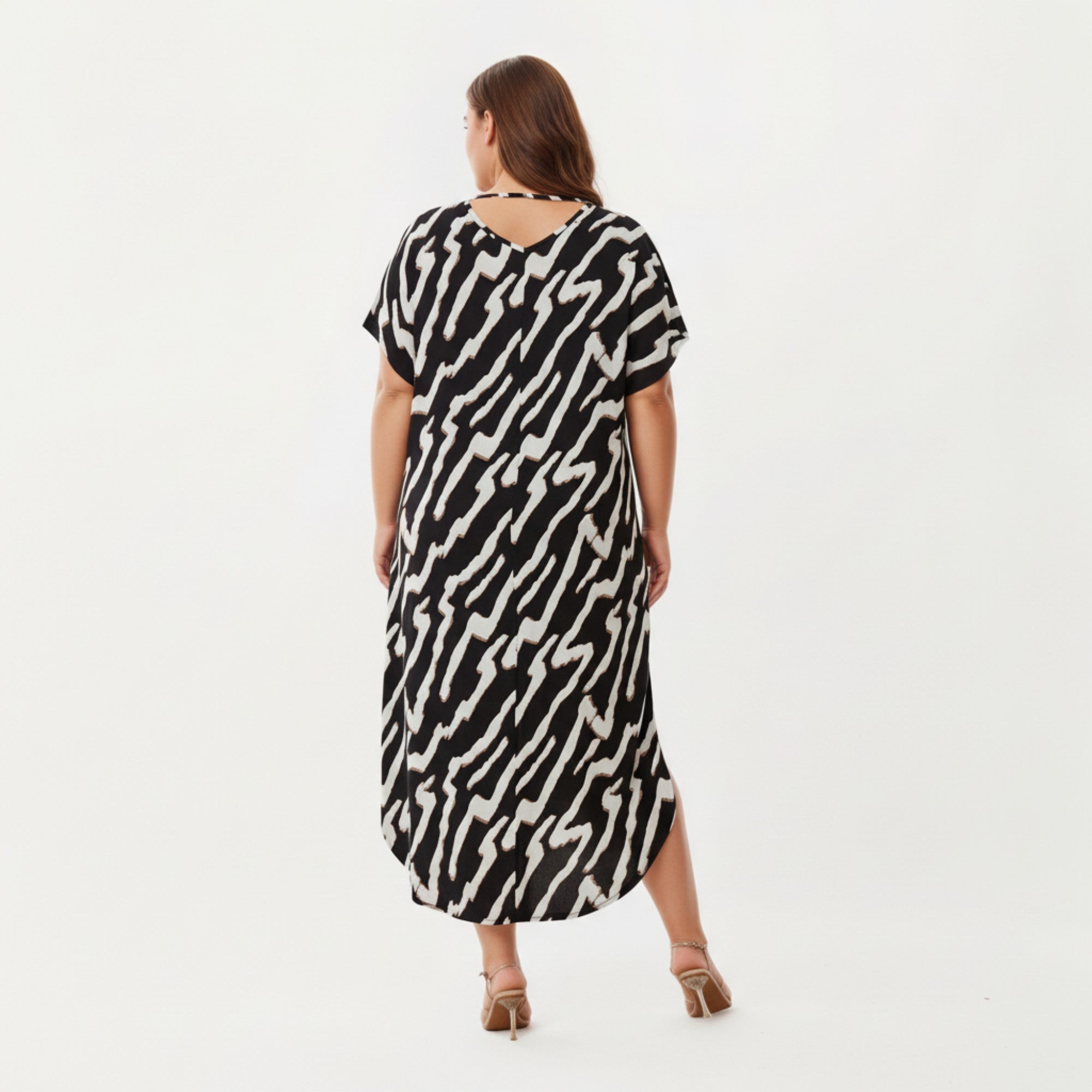 Anna-Kaci Lounge Women' s Abstract Print Midi Dress with Soft Draped Silhouette, Relaxed Short Sleeves and Lightweight Fabric Finish