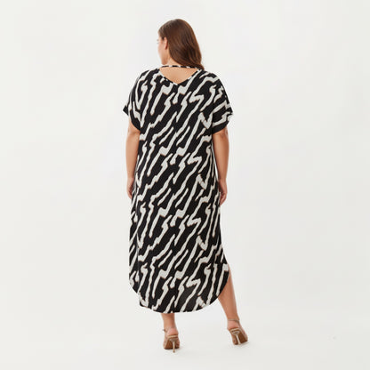 Anna-Kaci Lounge Women' s Abstract Print Midi Dress with Soft Draped Silhouette, Relaxed Short Sleeves and Lightweight Fabric Finish