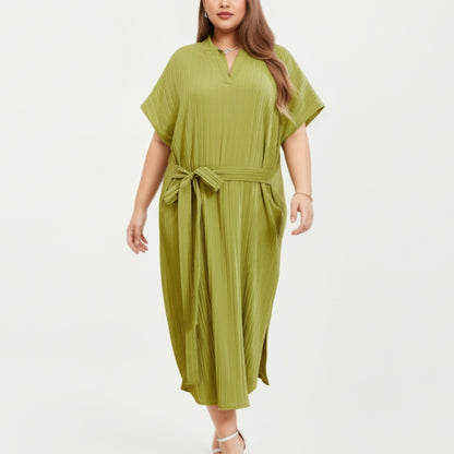 Anna-Kaci Lounge Women' s Pleated Midi Dress with Soft Flowing Texture, Relaxed Drop-Shoulder Sleeves and Adjustable Fabric Tie Waist Belt