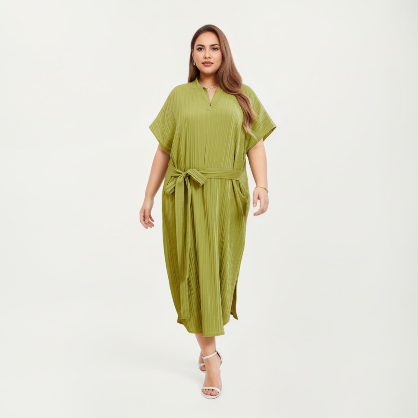 Anna-Kaci Lounge Women' s Pleated Midi Dress with Soft Flowing Texture, Relaxed Drop-Shoulder Sleeves and Adjustable Fabric Tie Waist Belt