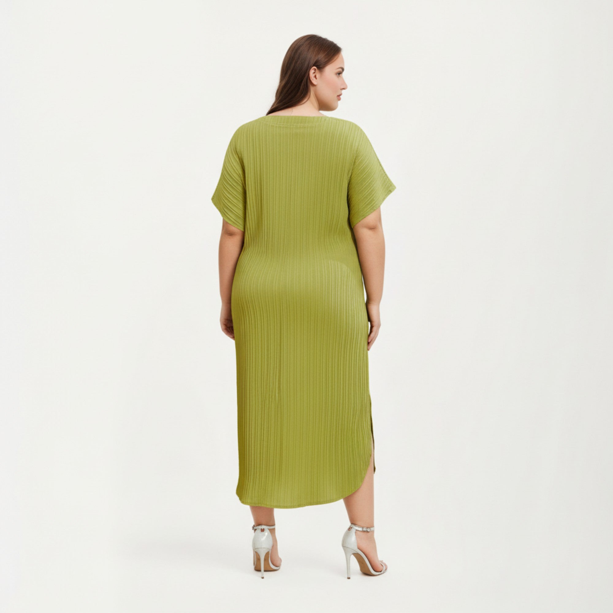 Anna-Kaci Lounge Women' s Pleated Midi Dress with Soft Flowing Texture, Relaxed Drop-Shoulder Sleeves and Adjustable Fabric Tie Waist Belt