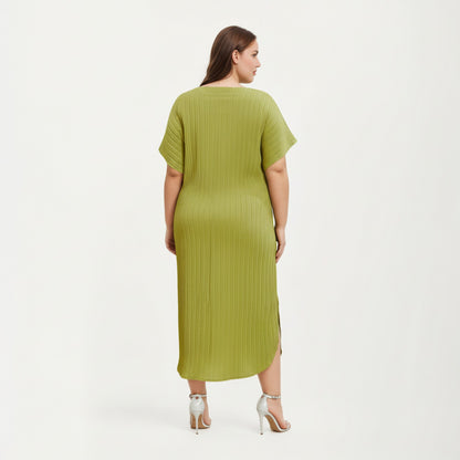 Anna-Kaci Lounge Women' s Pleated Midi Dress with Soft Flowing Texture, Relaxed Drop-Shoulder Sleeves and Adjustable Fabric Tie Waist Belt