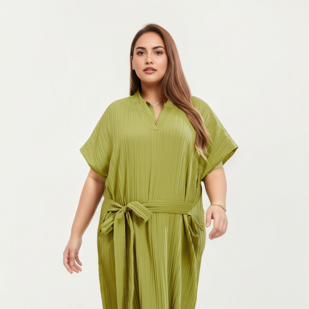 Anna-Kaci Lounge Women' s Pleated Midi Dress with Soft Flowing Texture, Relaxed Drop-Shoulder Sleeves and Adjustable Fabric Tie Waist Belt