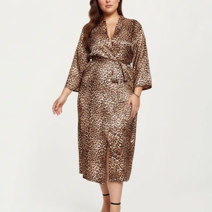 Anna-Kaci Lounge Women' s Leopard Print Satin Robe with Soft Silky Sheen, Adjustable Wrap Tie Waist and Flowing Longline Silhouette