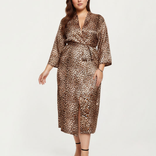 Anna-Kaci Lounge Women' s Leopard Print Satin Robe with Soft Silky Sheen, Adjustable Wrap Tie Waist and Flowing Longline Silhouette