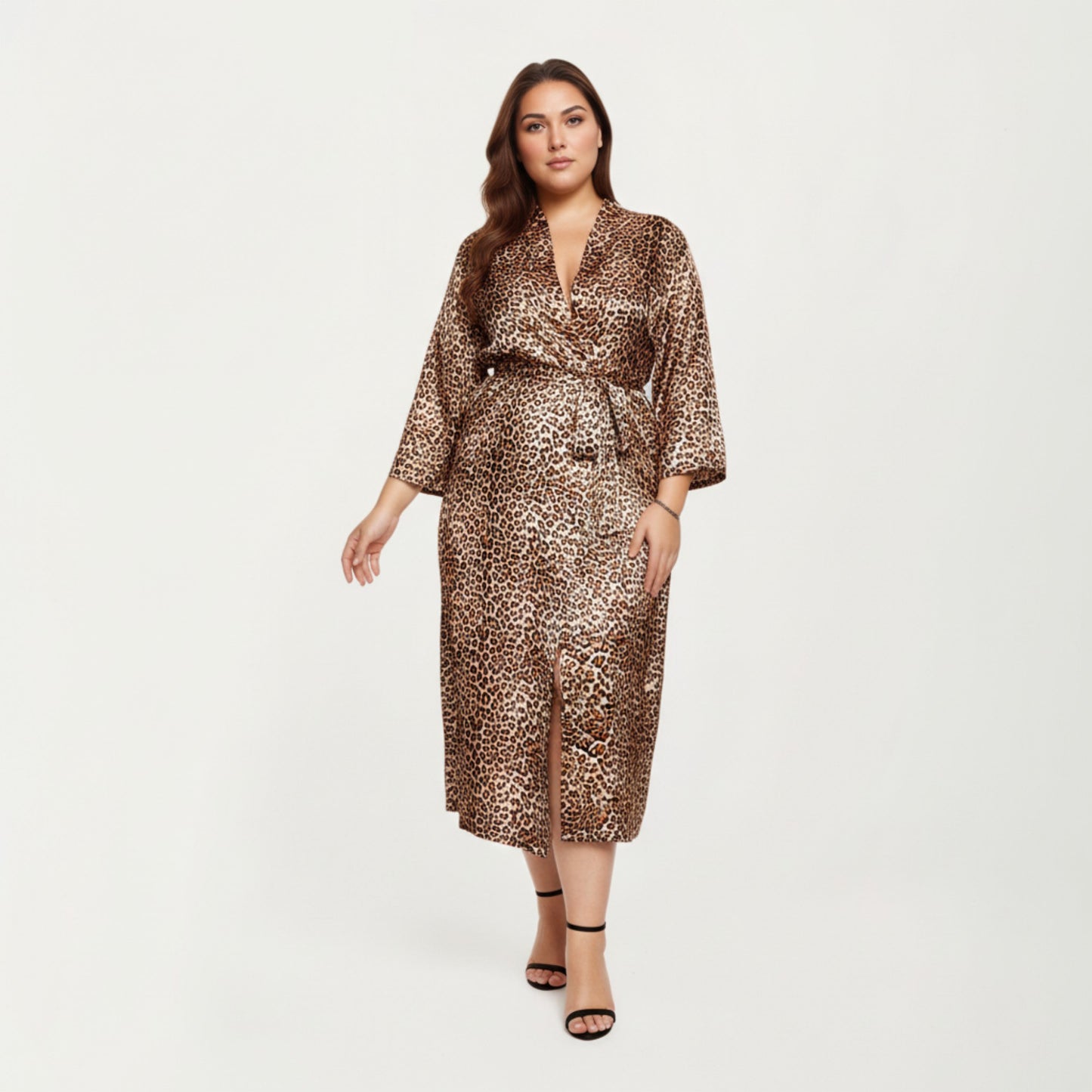 Anna-Kaci Lounge Women' s Leopard Print Satin Robe with Soft Silky Sheen, Adjustable Wrap Tie Waist and Flowing Longline Silhouette