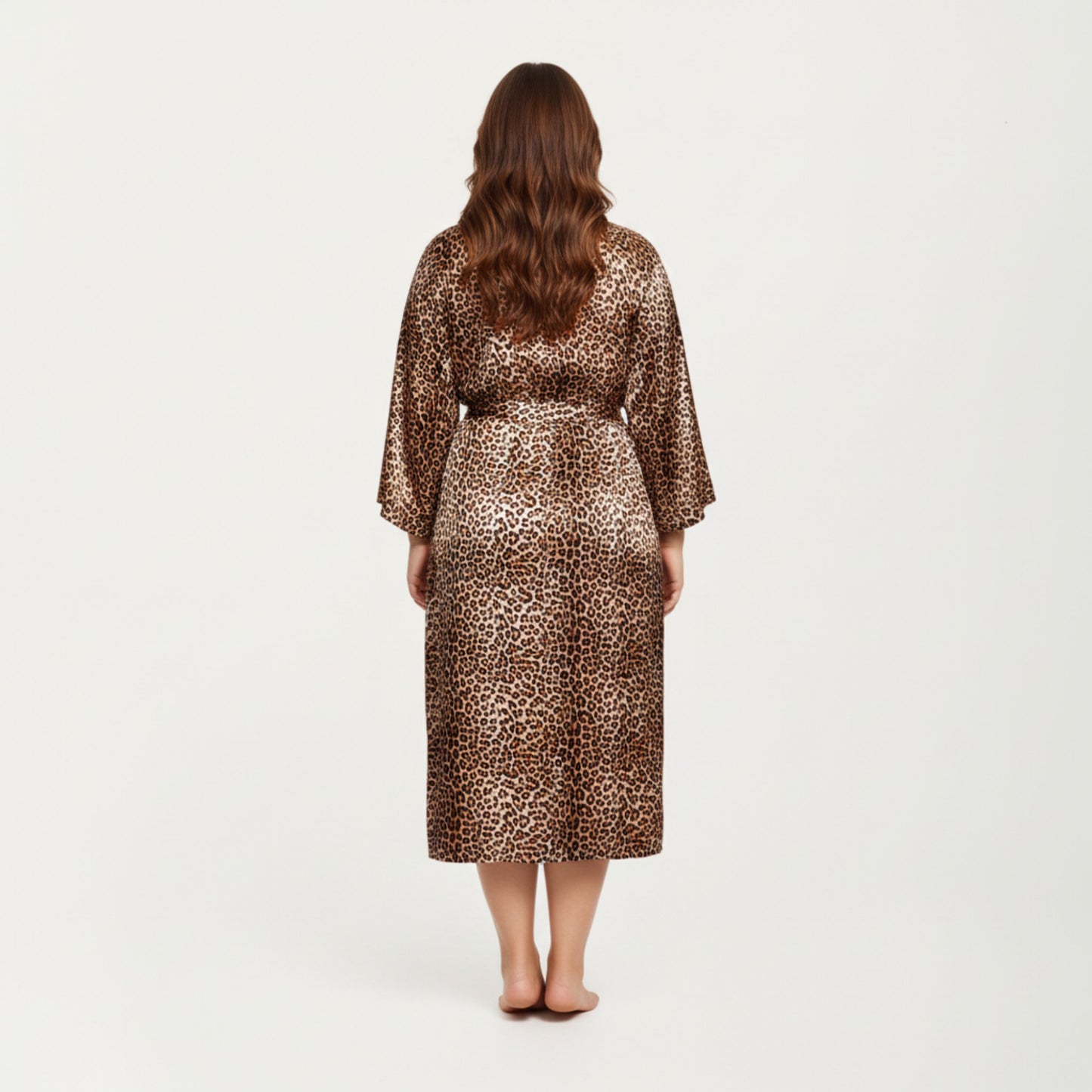 Anna-Kaci Lounge Women' s Leopard Print Satin Robe with Soft Silky Sheen, Adjustable Wrap Tie Waist and Flowing Longline Silhouette