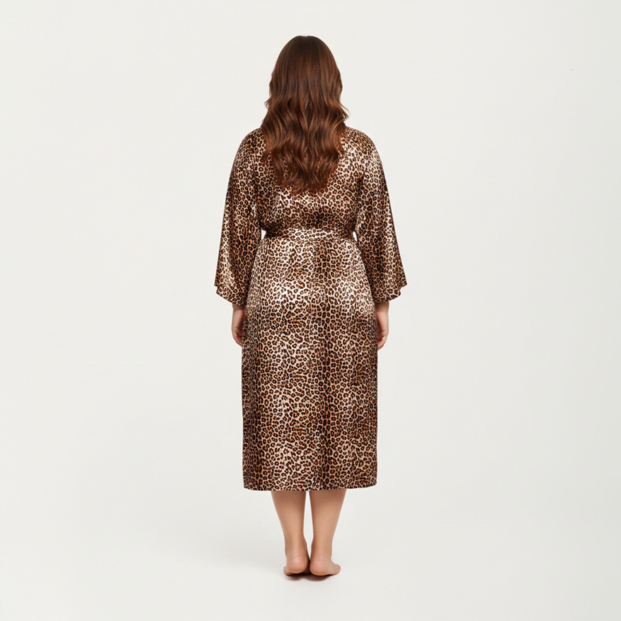 Anna-Kaci Lounge Women' s Leopard Print Satin Robe with Soft Silky Sheen, Adjustable Wrap Tie Waist and Flowing Longline Silhouette