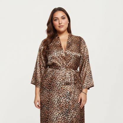 Anna-Kaci Lounge Women' s Leopard Print Satin Robe with Soft Silky Sheen, Adjustable Wrap Tie Waist and Flowing Longline Silhouette