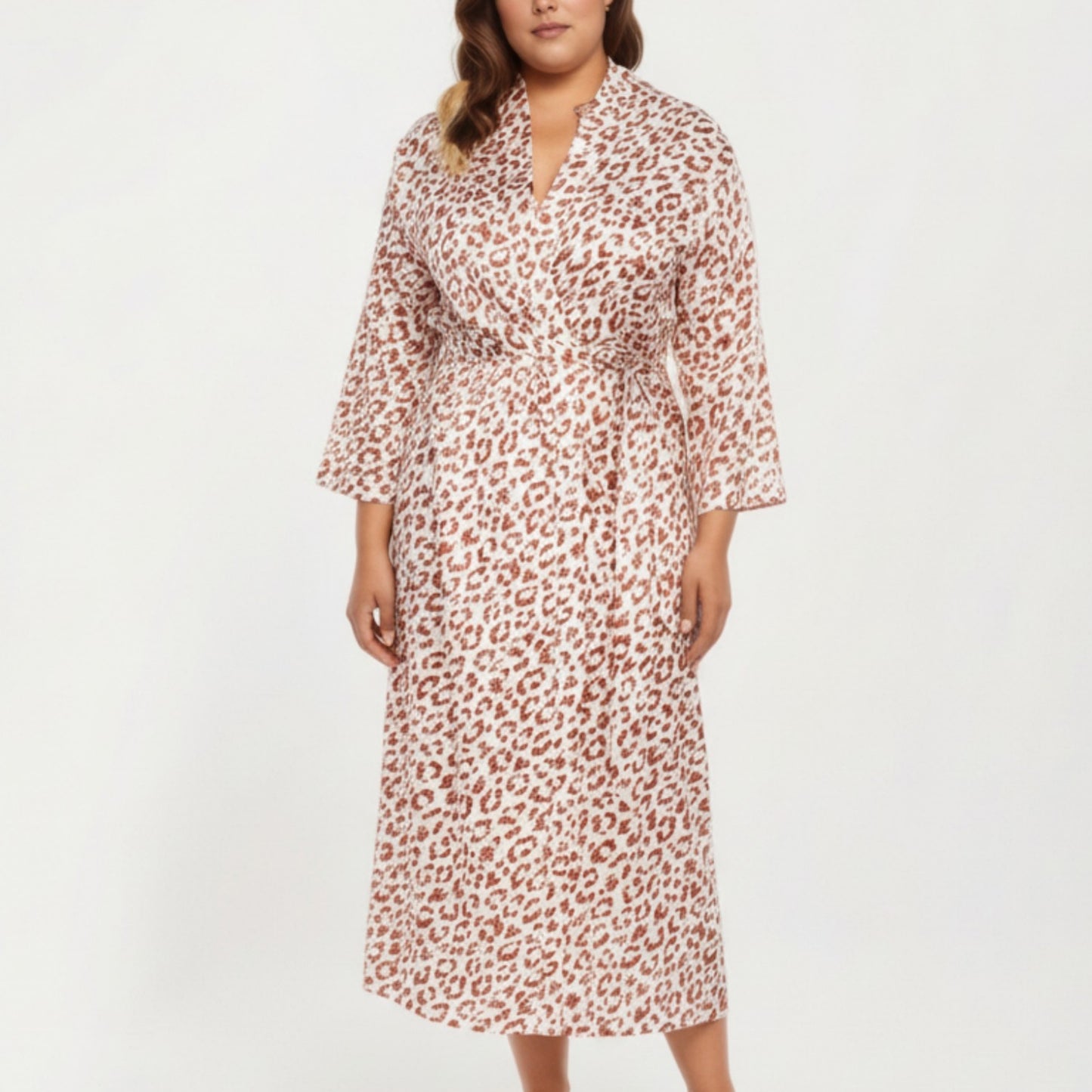 Anna-Kaci Lounge Women' s Satin Leopard Print Robe with Waist Tie Soft Silky Fabric Wide Sleeves and Flowing Longline Silhouette
