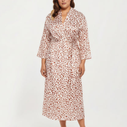 Anna-Kaci Lounge Women' s Satin Leopard Print Robe with Waist Tie Soft Silky Fabric Wide Sleeves and Flowing Longline Silhouette