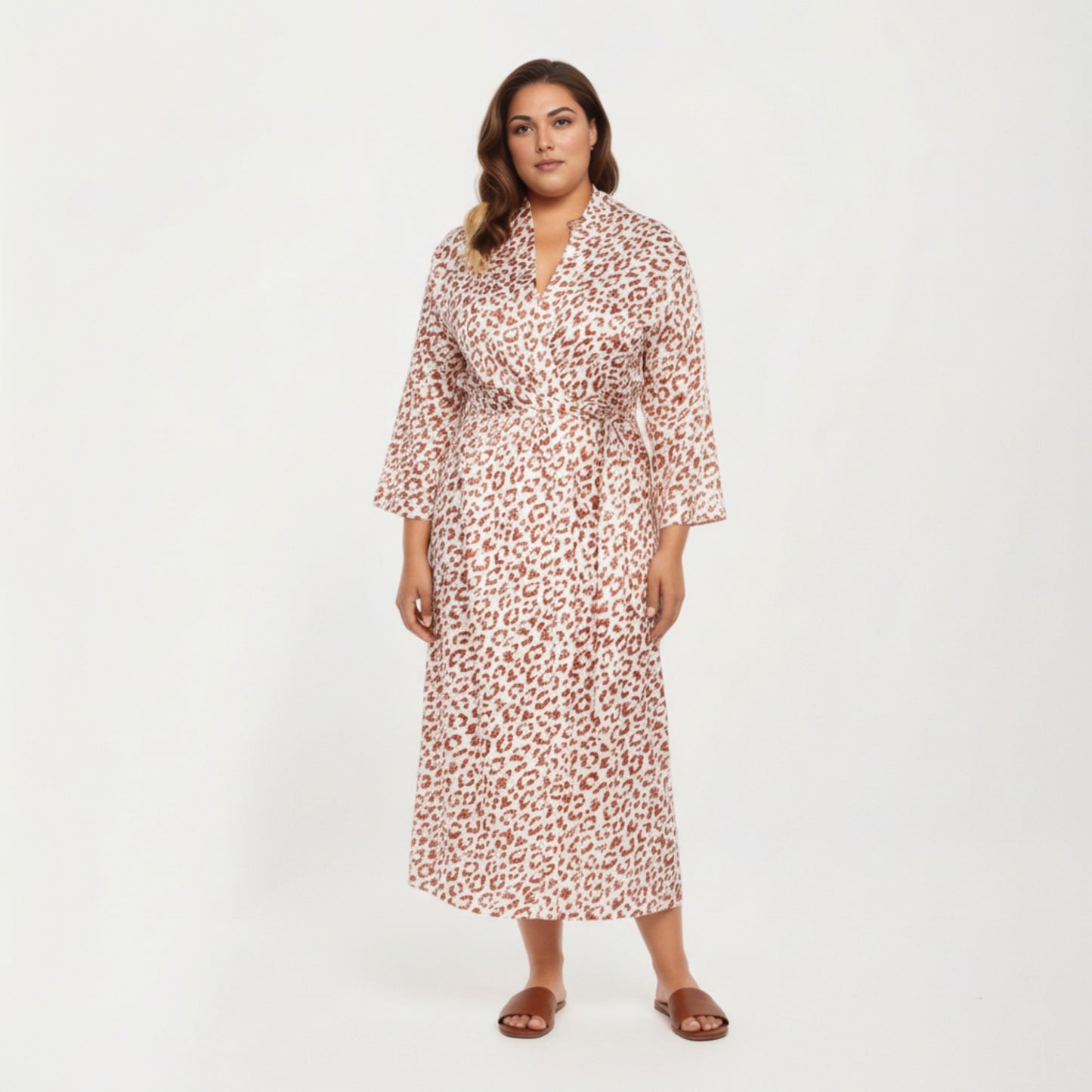 Anna-Kaci Lounge Women' s Satin Leopard Print Robe with Waist Tie Soft Silky Fabric Wide Sleeves and Flowing Longline Silhouette