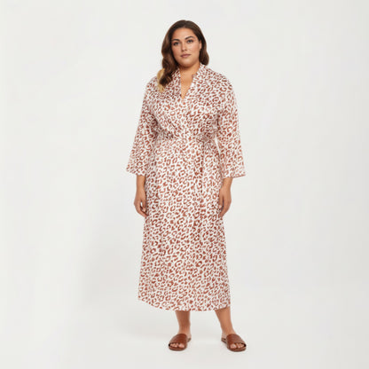 Anna-Kaci Lounge Women' s Satin Leopard Print Robe with Waist Tie Soft Silky Fabric Wide Sleeves and Flowing Longline Silhouette