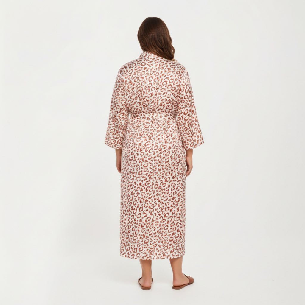 Anna-Kaci Lounge Women' s Satin Leopard Print Robe with Waist Tie Soft Silky Fabric Wide Sleeves and Flowing Longline Silhouette