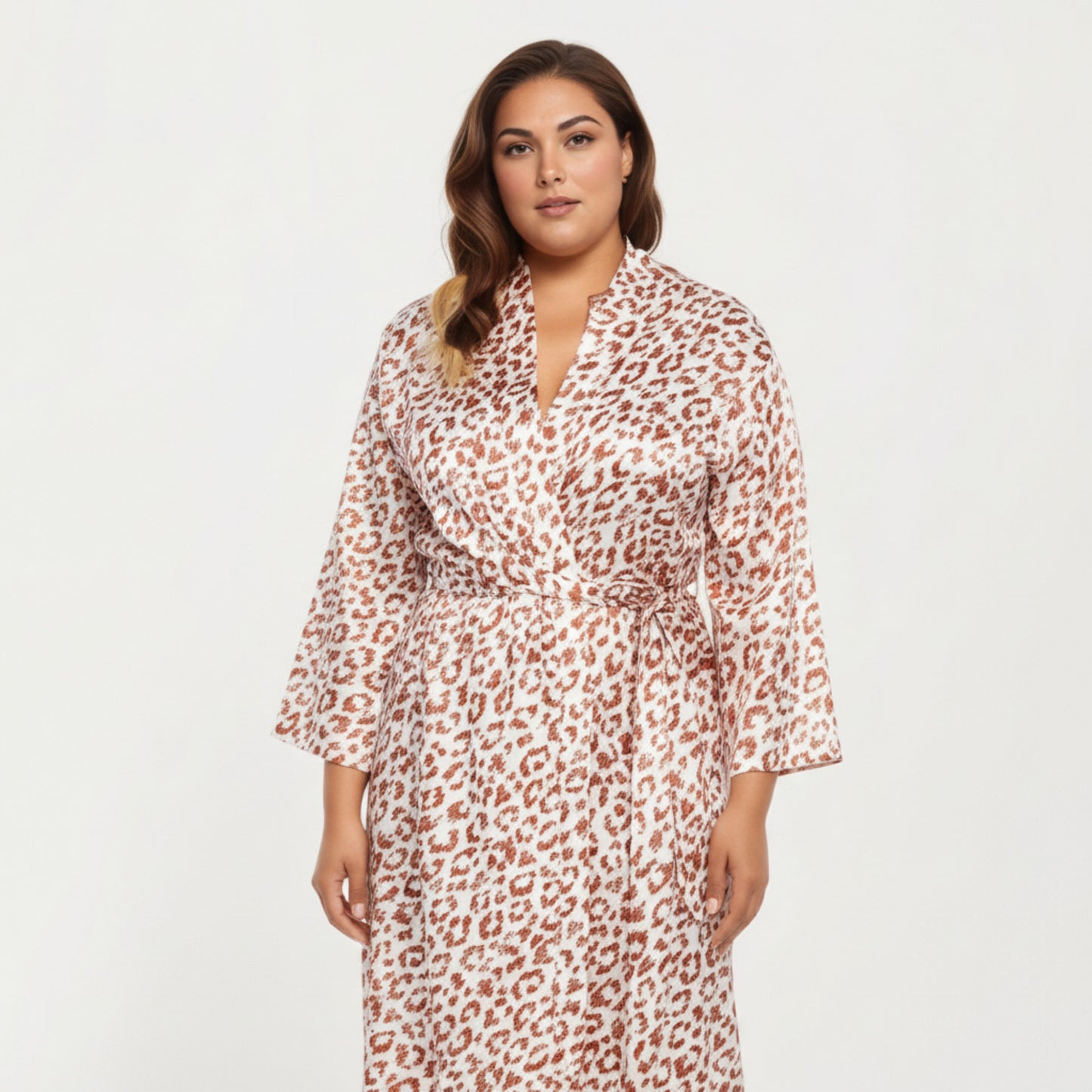 Anna-Kaci Lounge Women' s Satin Leopard Print Robe with Waist Tie Soft Silky Fabric Wide Sleeves and Flowing Longline Silhouette