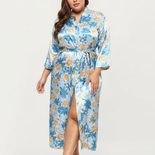 Anna-Kaci Lounge Women' s Floral Print Satin Robe with Waist Tie Soft Silky Fabric Wide Sleeves and Flowing Longline Silhouette
