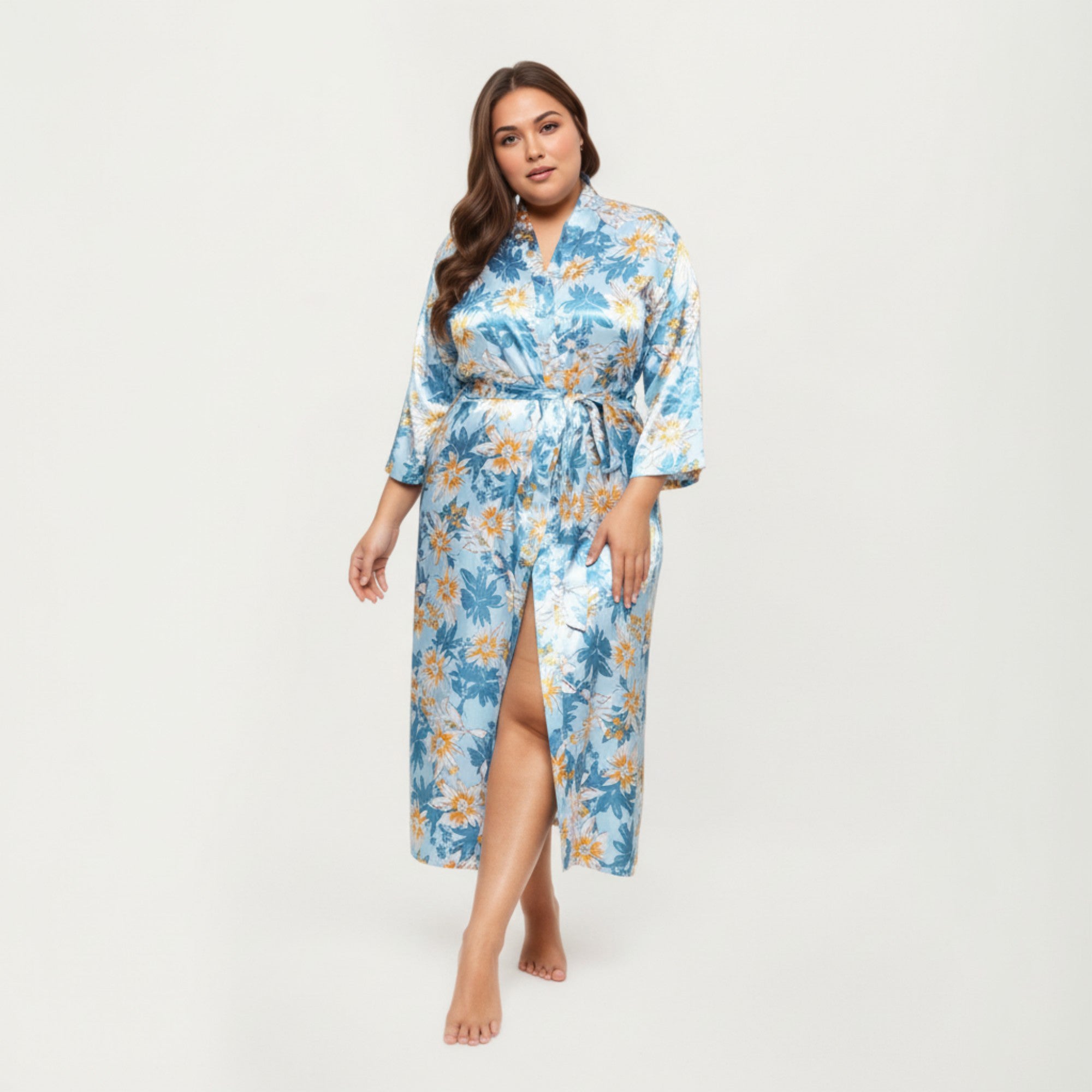 Anna-Kaci Lounge Women' s Floral Print Satin Robe with Waist Tie Soft Silky Fabric Wide Sleeves and Flowing Longline Silhouette