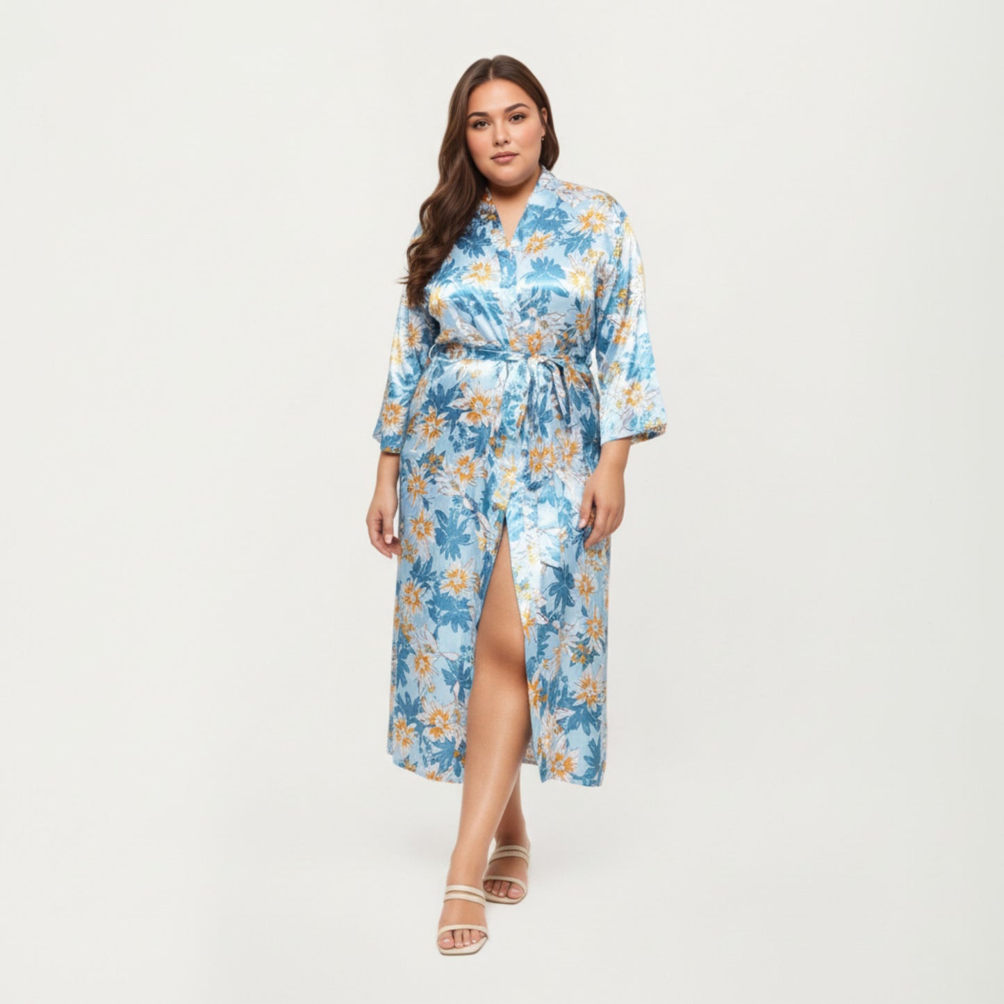 Anna-Kaci Lounge Women' s Floral Print Satin Robe with Waist Tie Soft Silky Fabric Wide Sleeves and Flowing Longline Silhouette