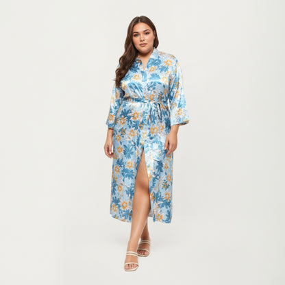 Anna-Kaci Lounge Women' s Floral Print Satin Robe with Waist Tie Soft Silky Fabric Wide Sleeves and Flowing Longline Silhouette