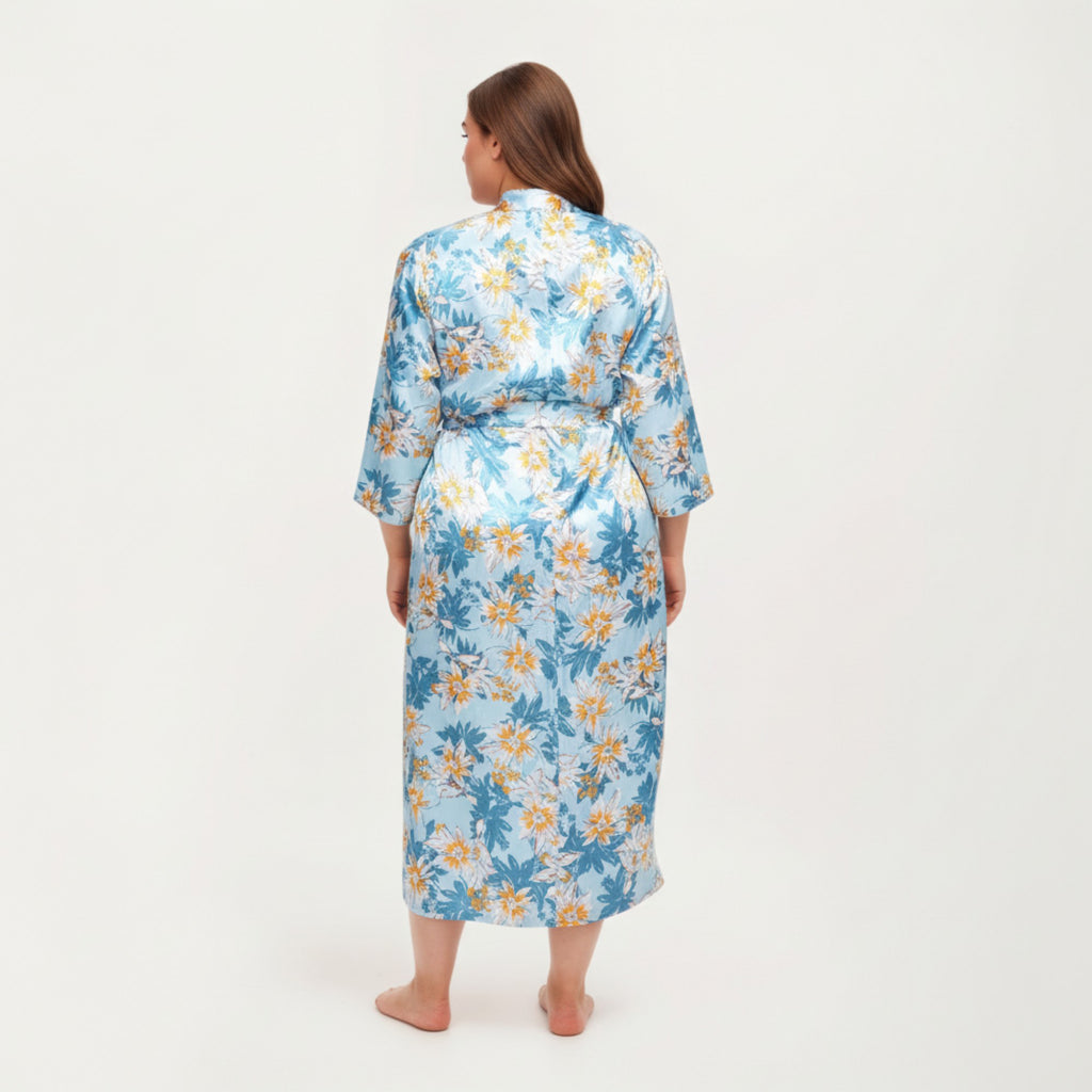 Anna-Kaci Lounge Women' s Floral Print Satin Robe with Waist Tie Soft Silky Fabric Wide Sleeves and Flowing Longline Silhouette