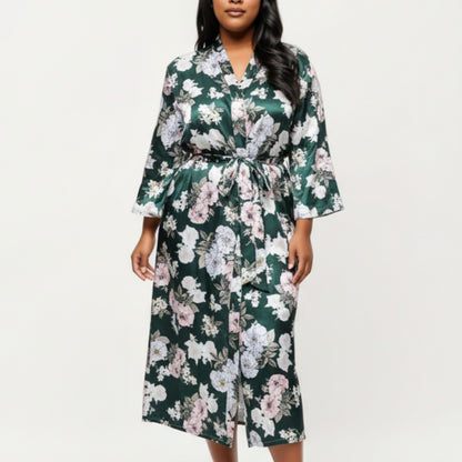 Anna-Kaci Lounge Women' s Floral Print Satin Robe with Waist Tie Soft Silky Fabric Wide Sleeves and Flowing Longline Silhouette