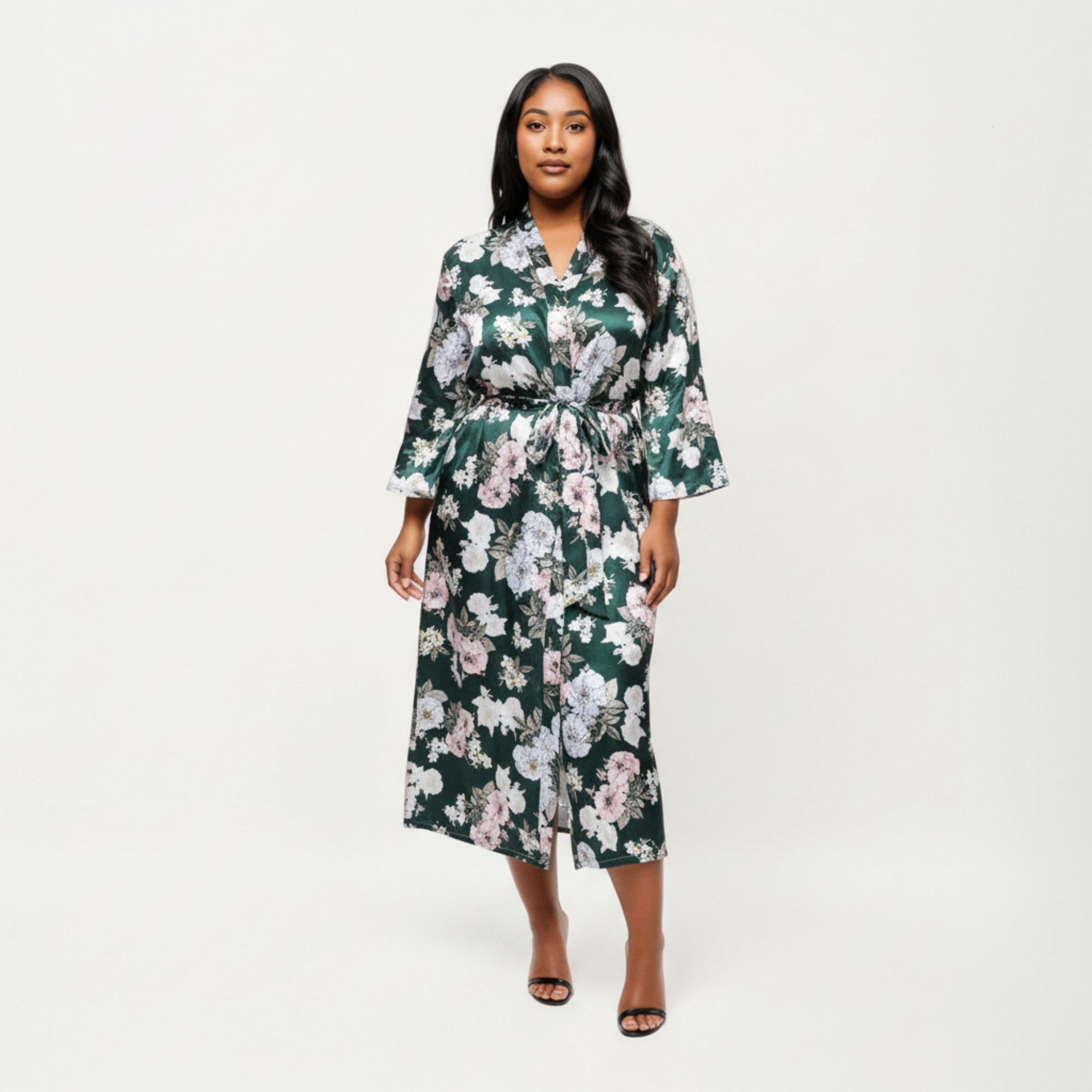 Anna-Kaci Lounge Women' s Floral Print Satin Robe with Waist Tie Soft Silky Fabric Wide Sleeves and Flowing Longline Silhouette
