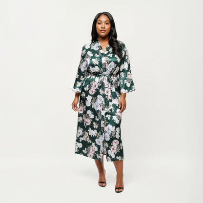 Anna-Kaci Lounge Women' s Floral Print Satin Robe with Waist Tie Soft Silky Fabric Wide Sleeves and Flowing Longline Silhouette