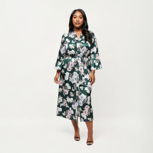 Anna-Kaci Lounge Women' s Floral Print Satin Robe with Waist Tie Soft Silky Fabric Wide Sleeves and Flowing Longline Silhouette