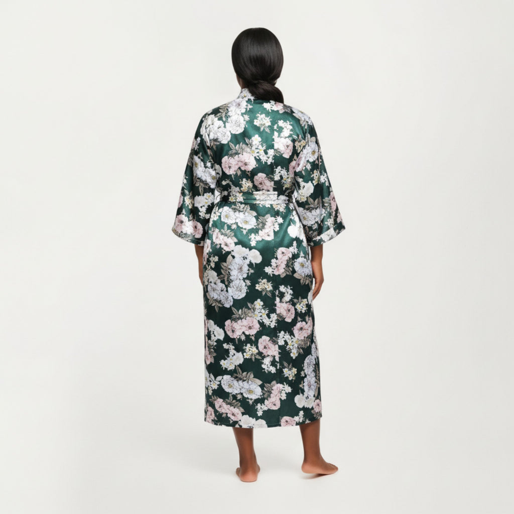 Anna-Kaci Lounge Women' s Floral Print Satin Robe with Waist Tie Soft Silky Fabric Wide Sleeves and Flowing Longline Silhouette
