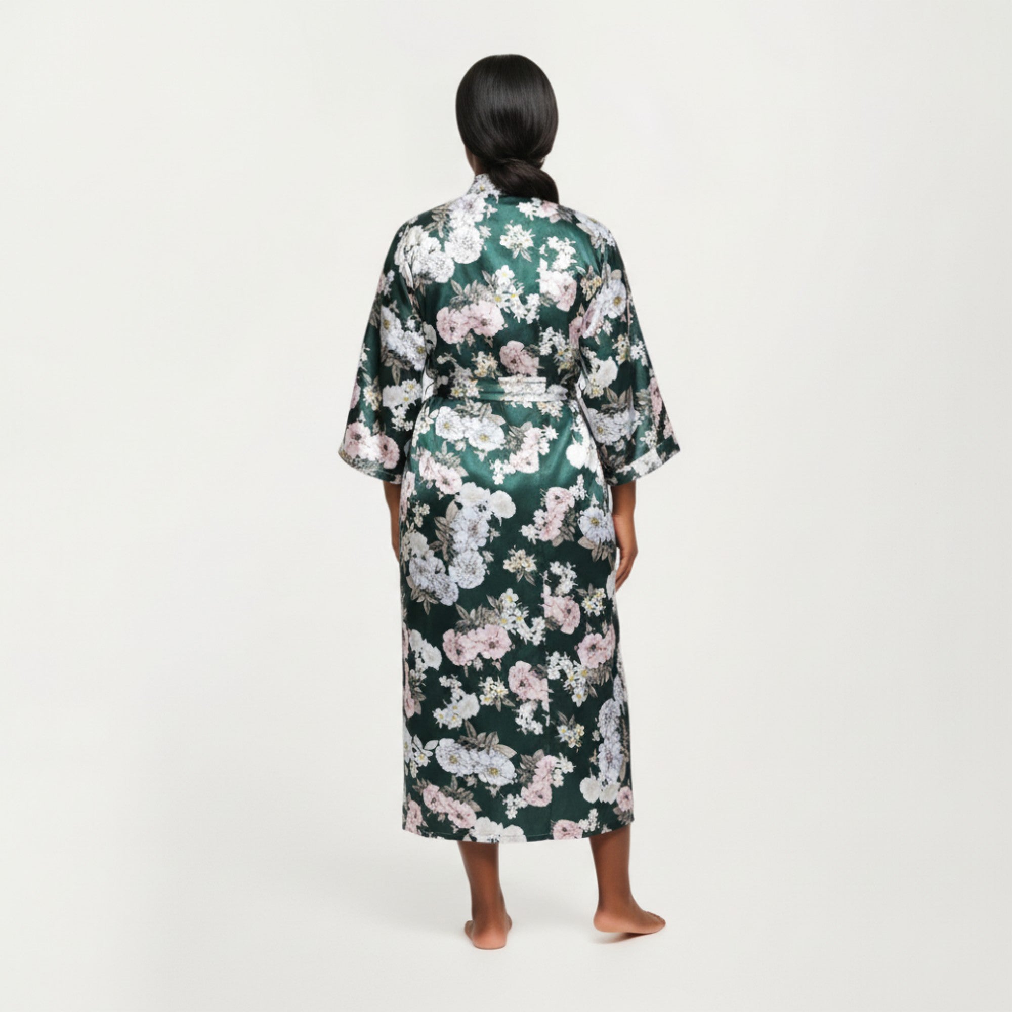 Anna-Kaci Lounge Women' s Floral Print Satin Robe with Waist Tie Soft Silky Fabric Wide Sleeves and Flowing Longline Silhouette